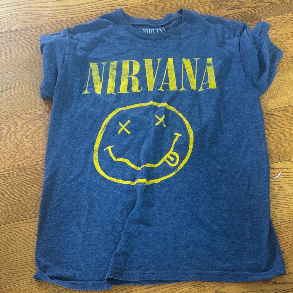 NIRVANA Navy Tee with Yellow Smiley Graphic